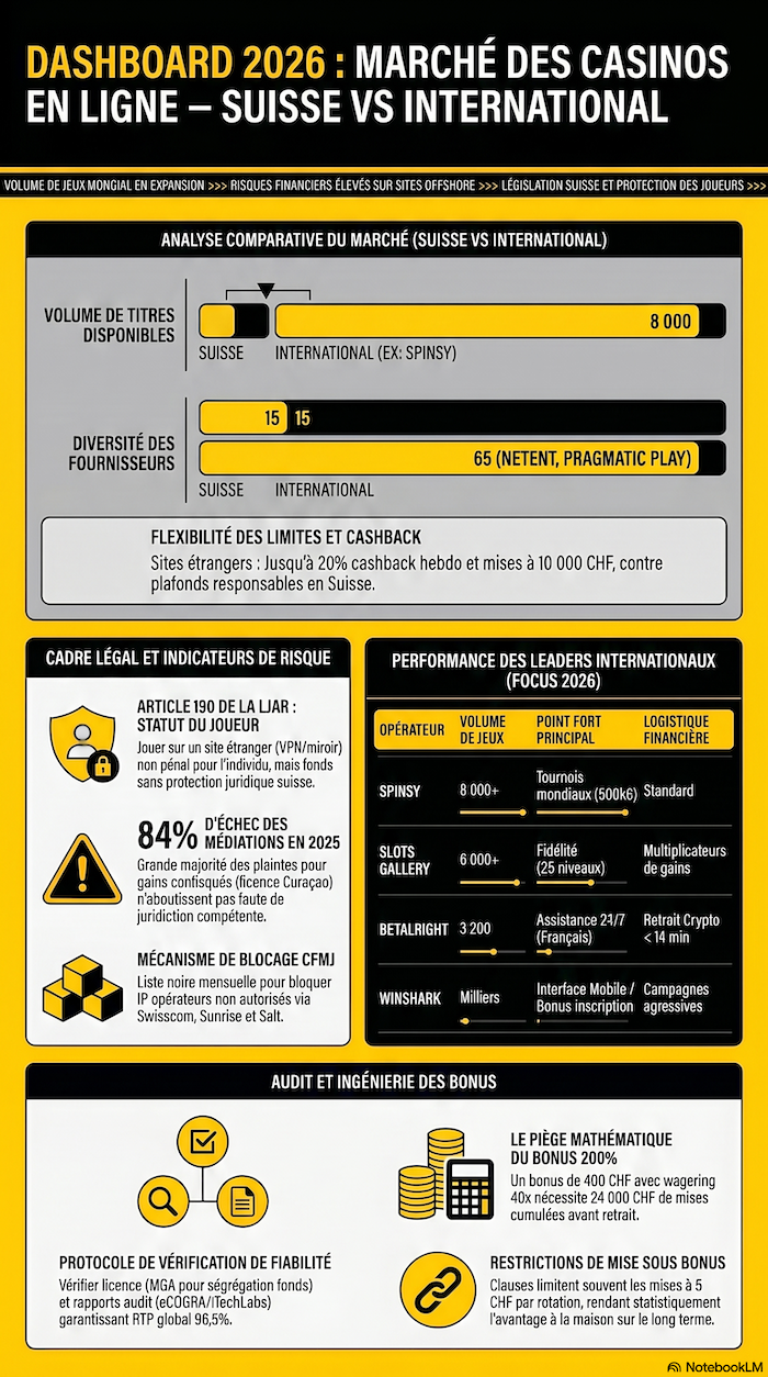 Infographie comparant les casinos en ligne suisses et internationaux en 2026 : volume de jeux, cadre légal LJAr, moyens de paiement et conditions de bonus.